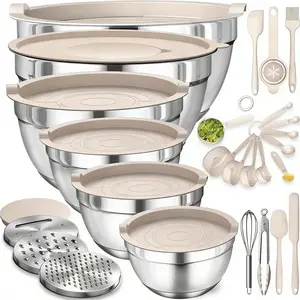 Colorful Lid Mixing Bowls 6 Piece Stainless Steel Set Large Capacity Multiple Specifications Salad Bowls With 3 Piece Graters And 8 Kitchen Accessories