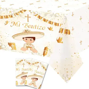 Mi Bautizo Decoration-First Communion Tablecloth for Boy God Bless,Baptism Party Decoration Christening Party Supplies 2 count 70.8x42.5 inch