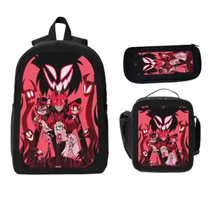 Helluva Anime Character Backpack 3-Piece Set Student Backpack Pencil Case & Lunch Bag Bundle with Vibrant Artwork for Anime Fans Complete Practicality and Style
