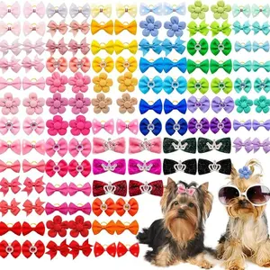 100pcs Assorted Dog Hair Bows,Cute Solid Color Dog Bows for Girl Small Medium Size Dogs,Handmade Puppy Bowknot with Rhinestone Crown Designer and Mix Shapes, Pet Hair Grooming Accessories