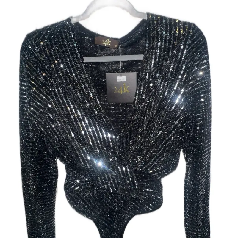 24K Large Bling One-piece Top - Sparkling Black Long Sleeve Bodysuit with Glitter Accents