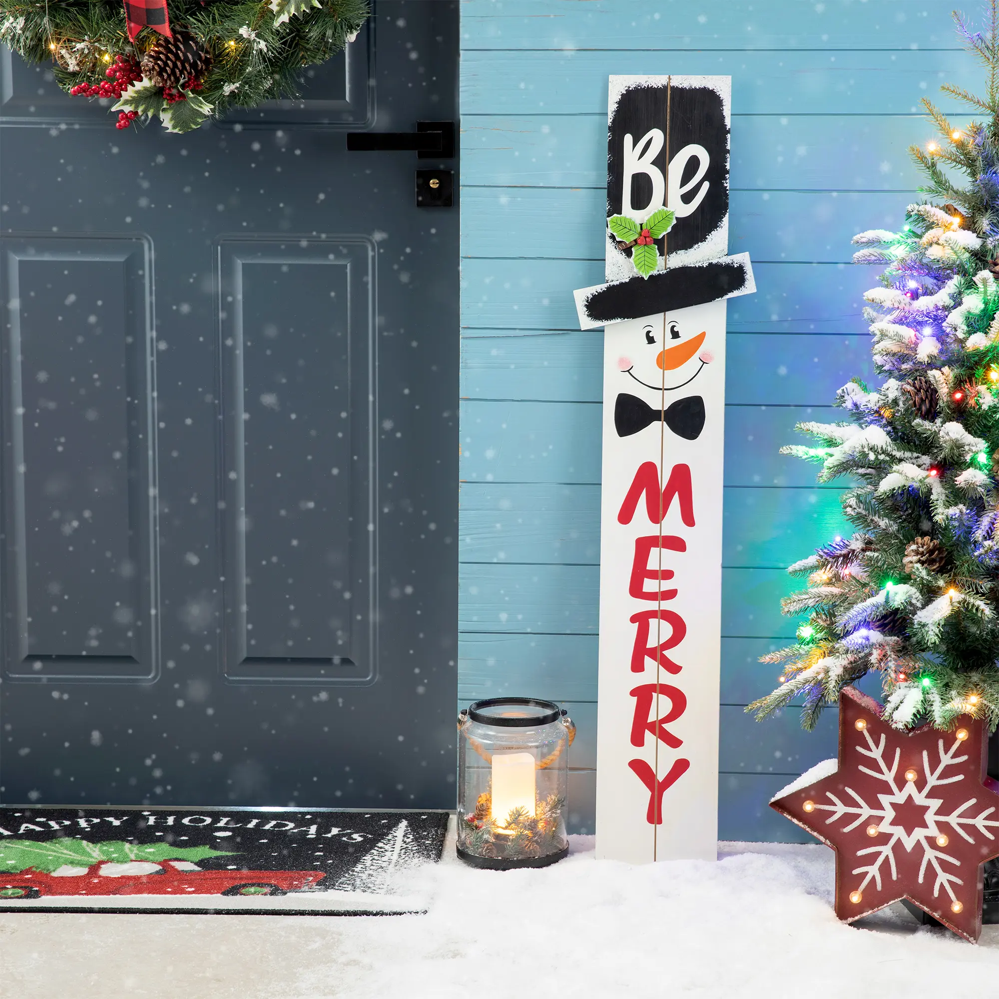 Glitzhome 42"H Cute 1-Piece Wooden Rectangle Snowman Porch Sign with MERRY Lettering, 9.6"l x 0.76"w x 42"h Festive Home Decor, One-Piece