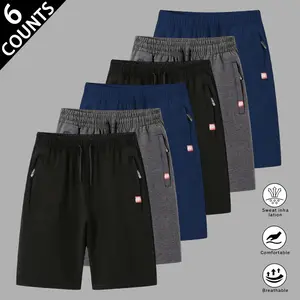 Men's Regular-Fit Sports-Style Elastic Waist Plain Drawstring Shorts, with Zippered Side Pockets, Adjustable Waistband, Small Red Pocket Tag, for Casual and Outdoor Activities