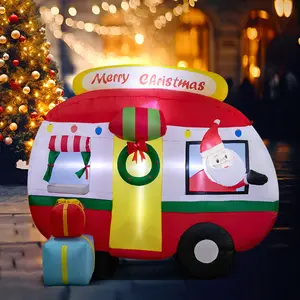 7ft LED-Lit PVC Christmas Inflatable Santa Bus Decoration - Bright LED Lights, Power Adaptor, Blower, Metal-Enhanced Weather-Resistant Holiday Decorations for Home, Garden