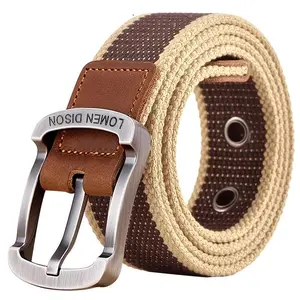Casual nylon canvas belt with metal buckle, deep brown and beige woven fabric, durable outdoor work gear for men and women, work belt | stylish contrast stitching | braided design, belt accessories