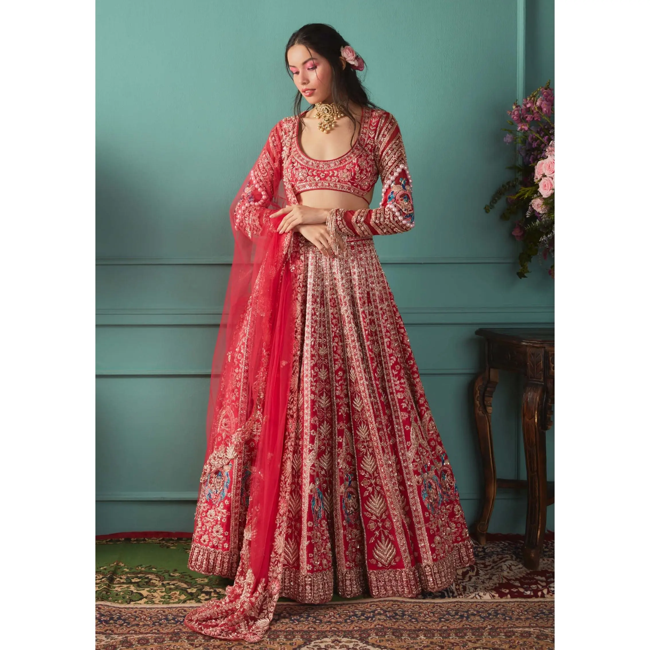 Red peacock lehenga set