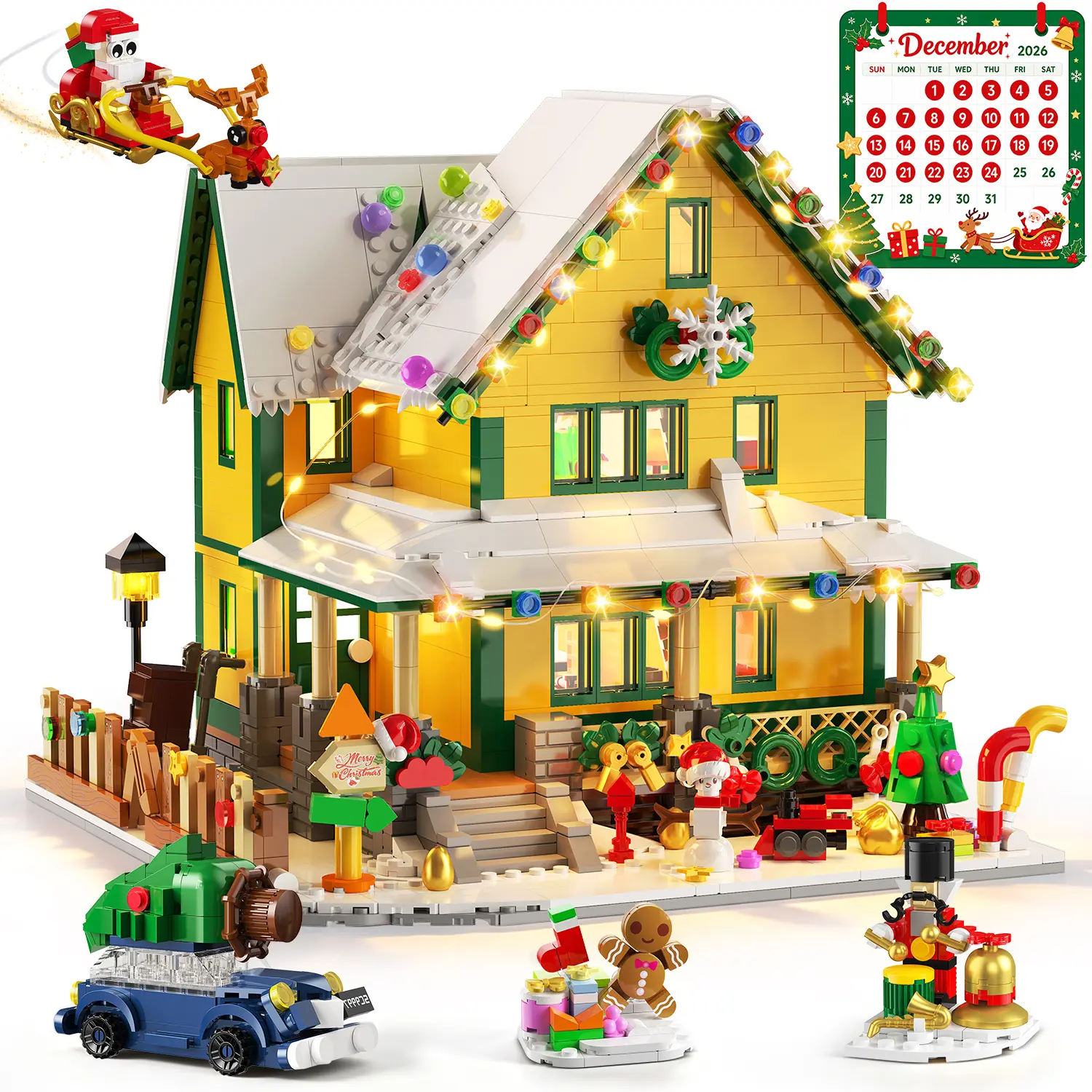 INSOON 2026 Advent Calendar Christmas House Mini Building Set with Light | 24-Day Christmas Countdown Snow Village Building Block Kit with Santa Sleigh & Nutcracker, Holiday Gifts for Adults 12+