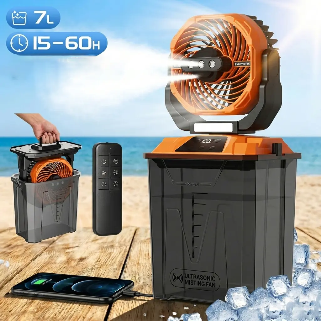 with LED lights High-End Outdoor Camping Fan; High-Wind Portable Misting Fan with multi-speed adjustment and rapid cooling, featuring a 180° oscillation angle. It is ideal for camping, barbecuing, backyard relaxation, hiking, picnicking and more scenarios