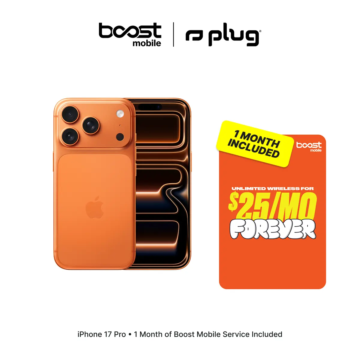 Refurbished Apple iPhone 17 Pro (Unlocked) + 1 Month of Unlimited Boost Mobile Service Included - Good Condition with 1-Year Warranty by Plug