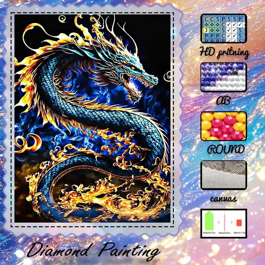 DIY 5D velveteen diamond painting kit, AB diamonds, fairy dust diamonds, crystal diamonds, dragon, fire, blue diamond embroidery, stylish embroidery, special craft diamond art kit, wall decoration, gift for family, lover, and friends.