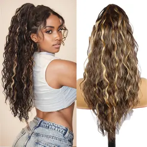 Claw Clip Ponytail Extension 18 Inch Long Curly Wavy Hairpiece Clip in Pony Tails Hair Extensions Synthetic Layered Fluffy Ponytail Hair pieces for Wome Girls Party Daily Use Brown with blonde Highlights  elegant hair accessory