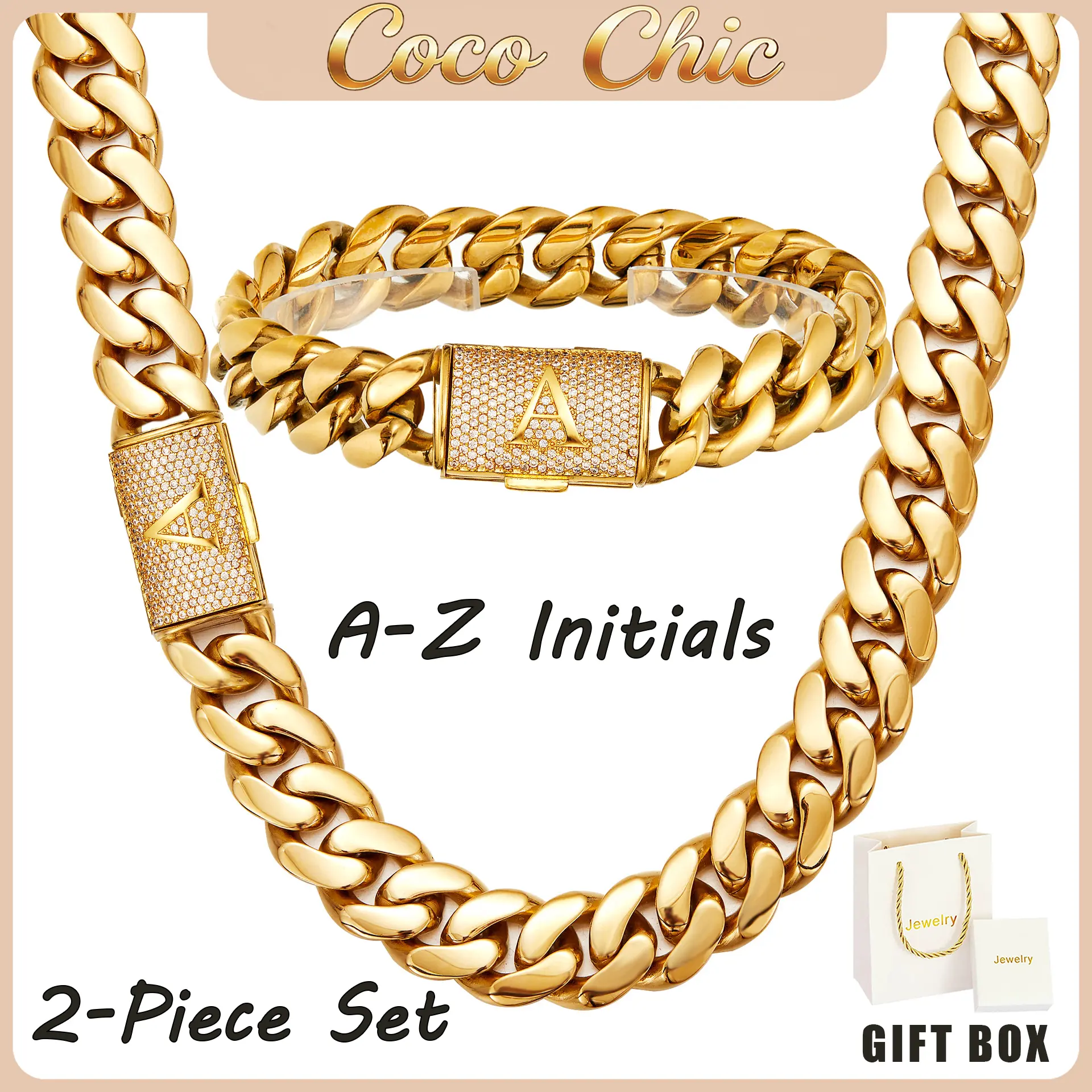 [Viral Set] Men's 14K Gold-Plated Miami Cuban Link Chains Necklace & Bracelet Set  CZ A-Z Initial Clasp, Waterproof Stainless Steel Hip-Hop Jewelry for Men & Women luxury