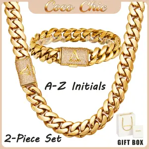 [Viral Set] Men's 14K Gold-Plated Miami Cuban Link Chains Necklace & Bracelet Set  CZ A-Z Initial Clasp, Waterproof Stainless Steel Hip-Hop Jewelry for Men & Women