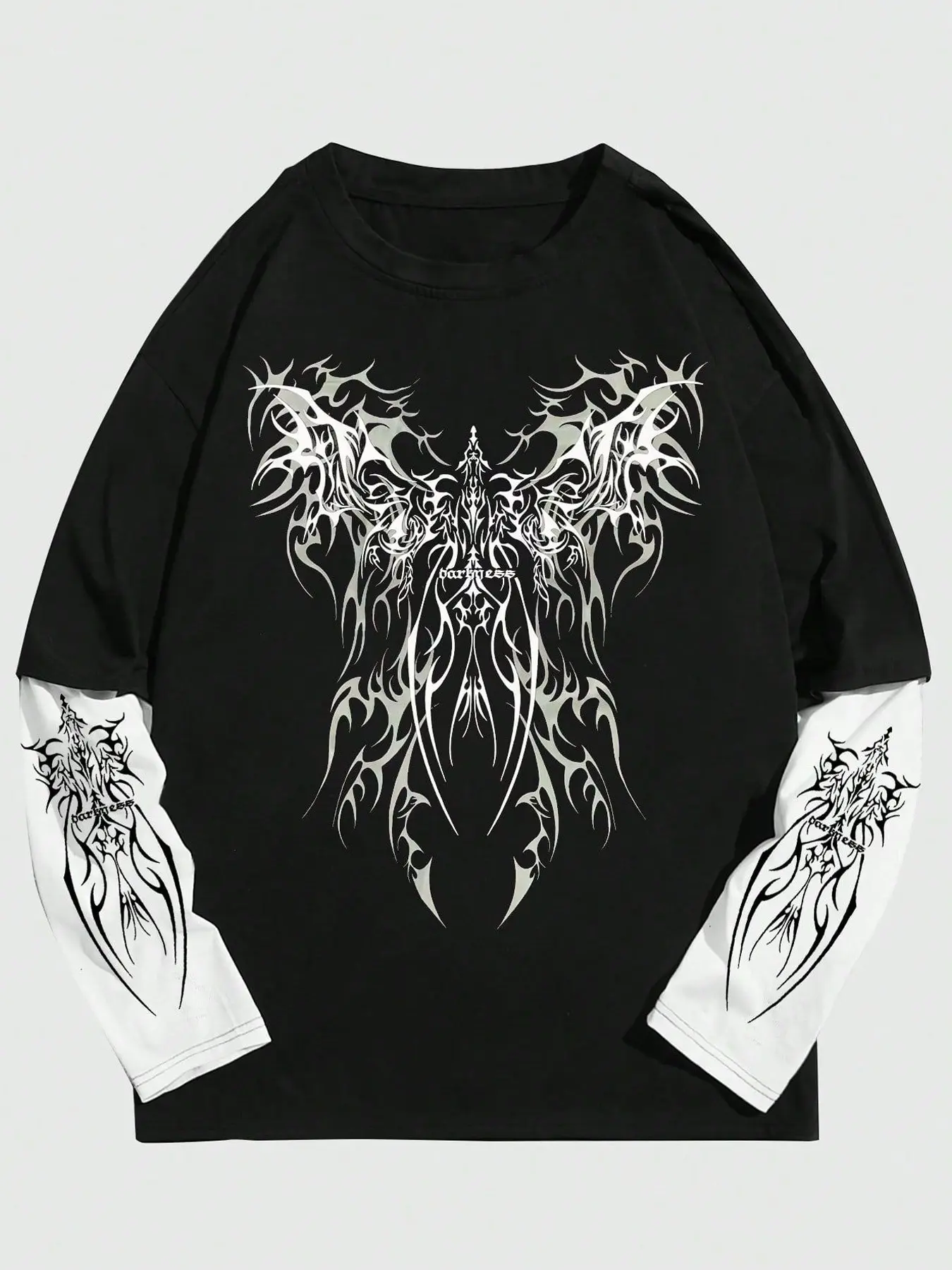 Unisex Opium Style Cybercore Tribal Graphic Tattoo Print Tee Mock Layering Streetwear Grunge Aesthetic Long Sleeve Menswear Shirt for Urban Skater Techwear Look