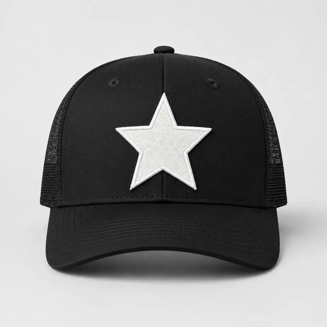 Classic White Star Embroidered Trucker Hat, Black Mesh Back Snapback Cap, Minimalist Streetwear Baseball Hat, Vintage Style Casual Unisex Hat