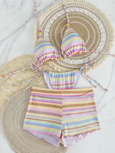 Women's Summer Beachwear Bikini Set, Bikinis Sets, Multi-Color Striped Print Design, Perfect for Swimming Pool & Travel Vacations, Fashionable & Cute