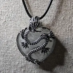 Milky Quartz Crystal Heart Dragon Pendant & Cord Necklace 24" Year of the Dragon