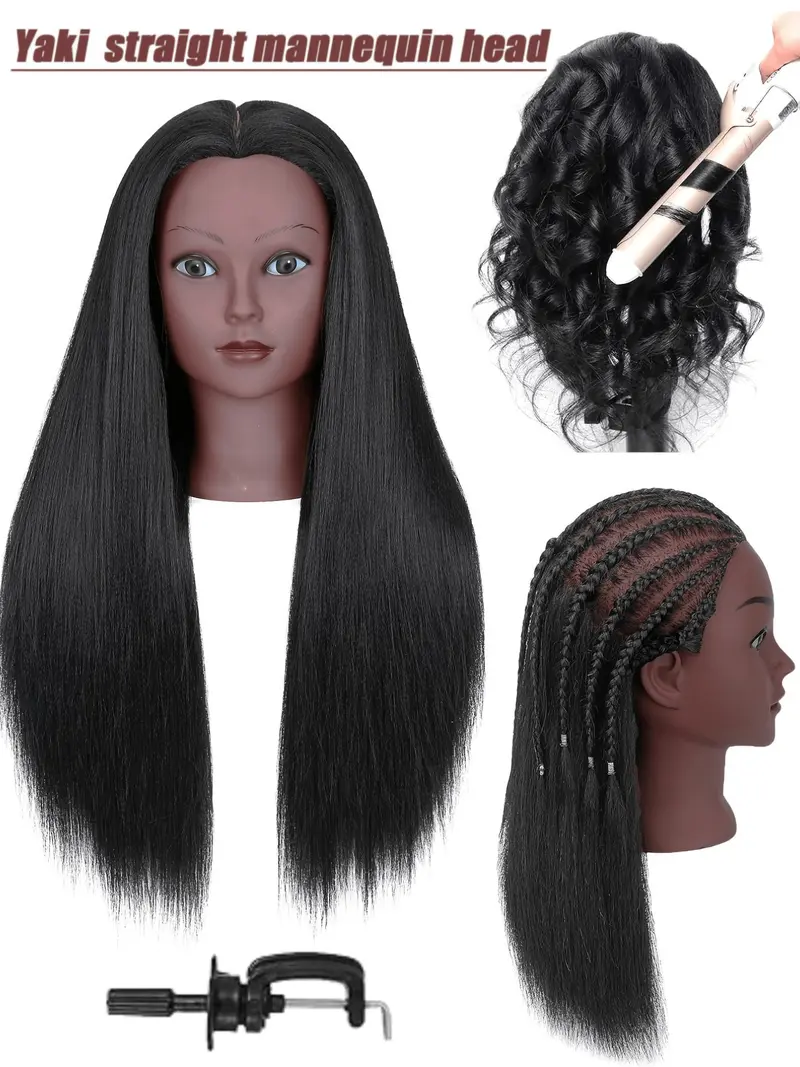 Mannequin Head With Yaki Straight Synthetic Hair 26 Inch Make Up Cosmetology Manikin Practice Head With Kinky Hair Doll Head For Hairdresser Practice Braiding Styling Cosmetology Manikin Doll Training Head With Table Clamp