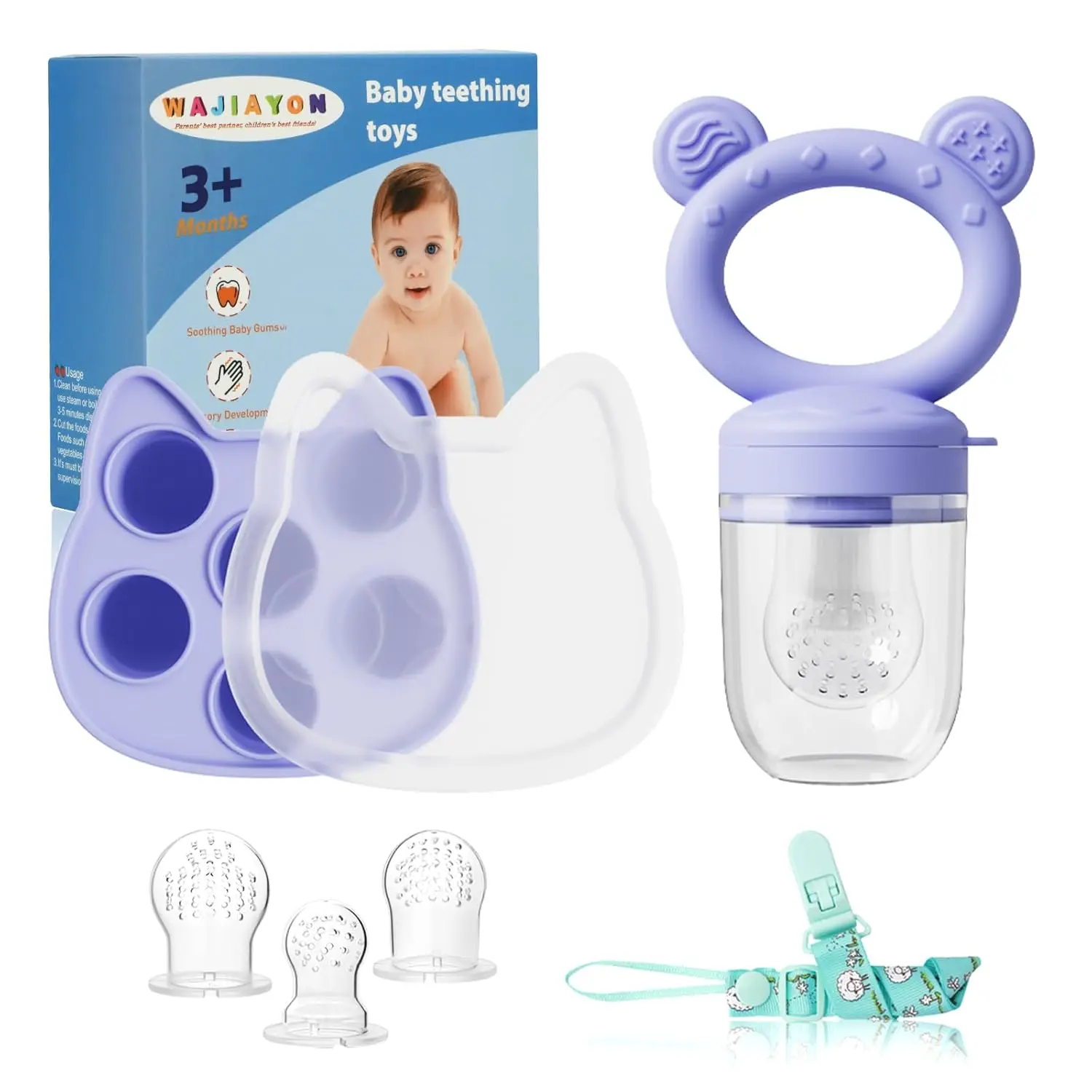 BPA-Free Baby Breastmilk Popsicle Molds & Fruit Feeder Set - 6-9 Months Infant Silicone Teething Pacifier, Freezer Tray Storage Containers, Dishwasher Safe, Boilable (Purple)