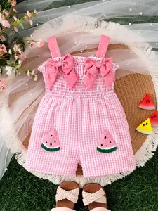 Baby Girl Watermelon Plaid Backless Shorts, Summer Sweet Style Ruched Strap Jumpsuit, Baby 3D Butterfly Knot Embroidered Romper