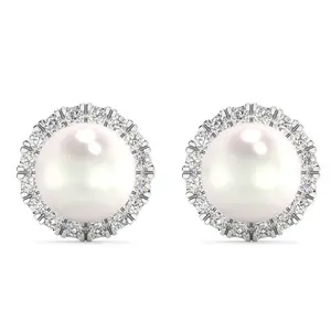 6mm Pearl & Diamond Halo Studs Women's 14k Gold Earrings Lab Grown
