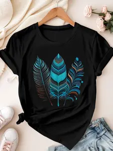 Jia-Jia Women's Short Sleeve T-Shirt| Bright Pop Art Geometric Prints, Paired with Turquoise and Brown Vintage Designs, Loose Fit, Soft and Breathable Fabric, Round Neck, Spring, and Autumn, Machine Washable, Non-transparent "sport""Athleisure"