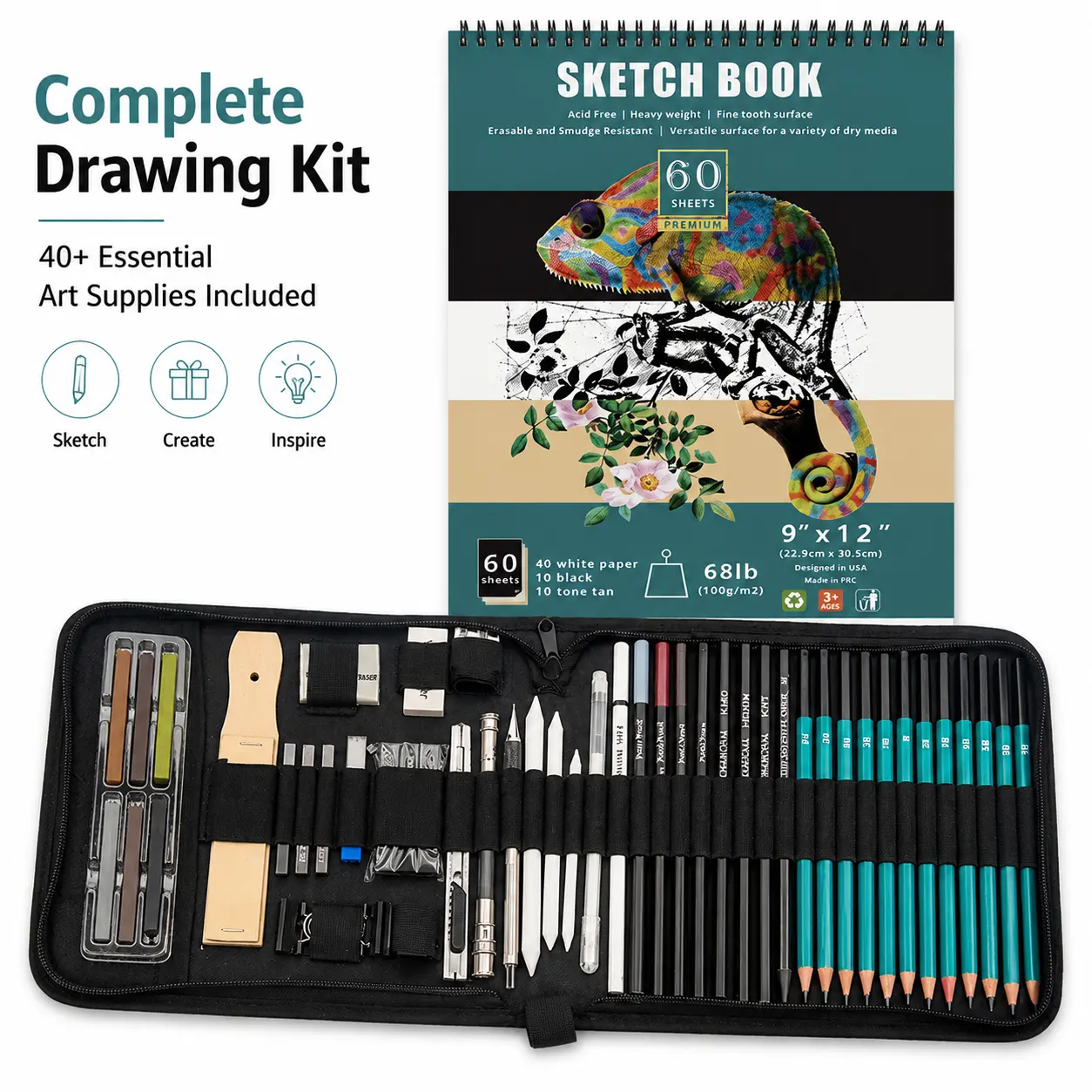 50pcs Beginner Artist Drawing Starter Kit with Sketchbook, Graphite Pencils, Charcoal Tools, Blending Stumps & Portable Carrying Case for Teens/Adults, Festive & Party Gift for Academic Advancement, Birthdays
