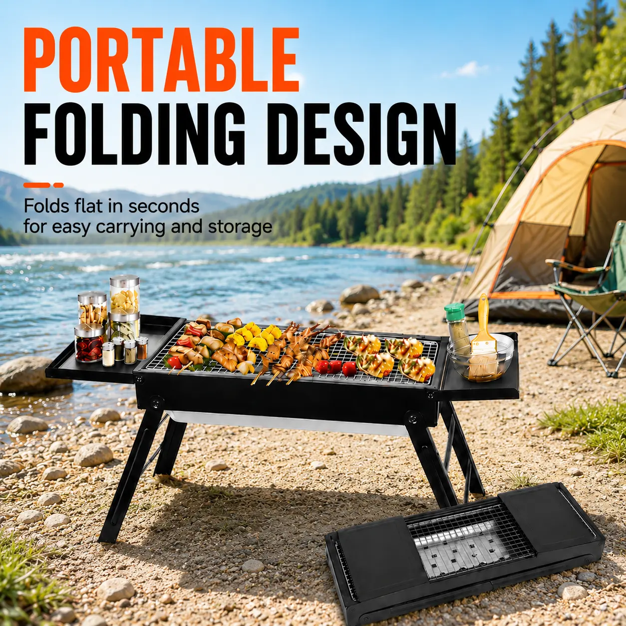 Portable Fold-up Iron & Stainless Steel Outdoor Charcoal Barbecue Grill, Tabletop BBQ with Steel Mesh, Storage Shelf, Easy to Clean for Family Backyard Camping, Beach Picnics-4752