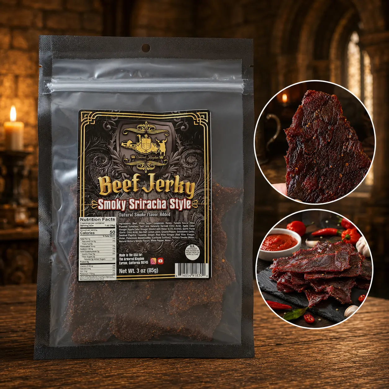 The Armored Kingdom Gourmet Spicy Smoky Sriracha Style Beef Jerky - 3 oz Premium Beef Cuts - Strong Bold Fiery Flavor - High Protein Ambient Cupboard Dried Snack, Spicy Beef Jerky, Portable