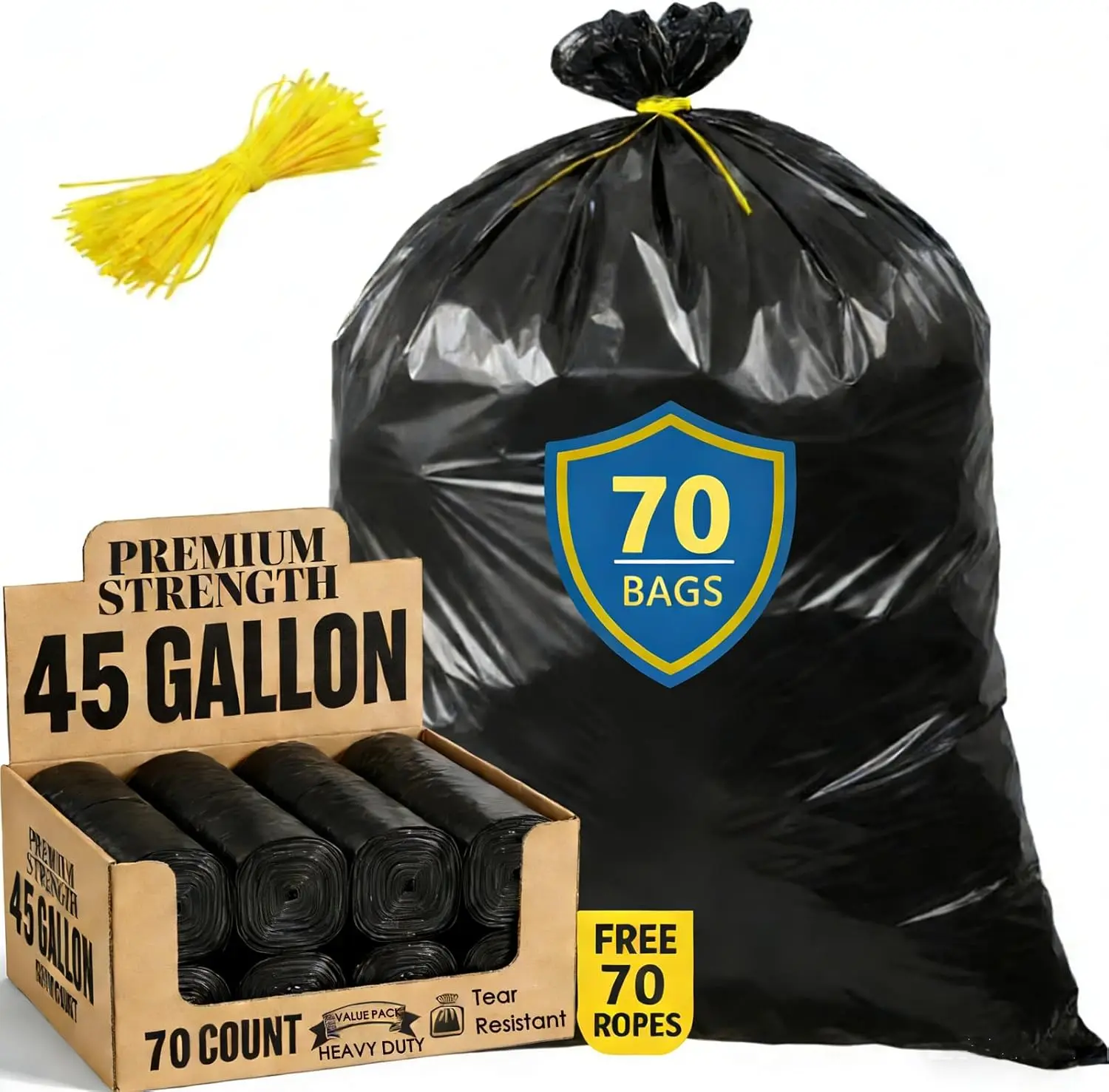 45 Gallon Trash Bags, Heavy Duty Garbage Bags 70 Count 2.0 Mil Extra Thick | 36”x 44” Outdoor Trash Liners Large Plastics Garbage Trash Bag for Industrial, Home, Kitchen, Commercial, Yard, Lawn, Leaf
