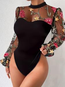 women's floral embroidery sheer contrast mesh flounce sleeve bodysuit, elegant mock neck longsleeves bodycon bodysuit for vacation holiday, ladies spring & fall clothes, womenswear, floral print bodysuit