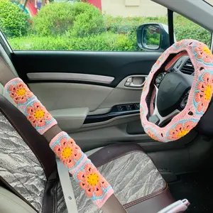 Crochet Car Steering Wheel Cover & Seat Belt Cover, Car Interior Decoration, Car Accessories for Women, Girly Car Accessories, Car Decoration Accessories, Car Interior Accessory