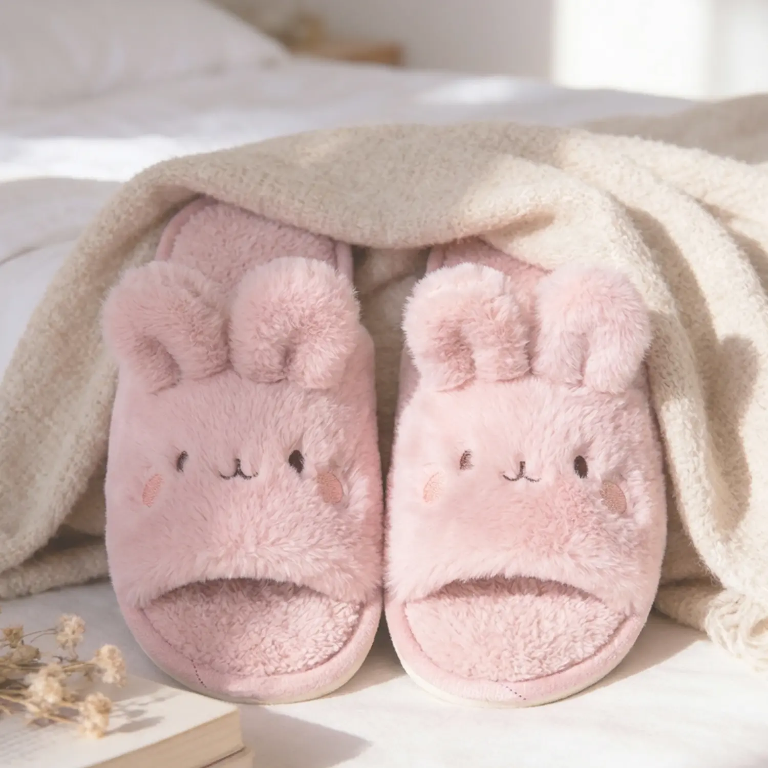 Women's Stylish Bunny Ear Plush Slippers, Cozy Fluffy Slide House Shoes, Soft Indoor Footwear, Animal Shape Women's Fashion Slippers, Bubble Bunny Pink Women's Fashion Slippers