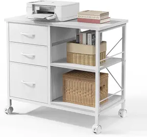 3-Tier Mobile File Cabinet, Printer Stand with Storage, Office Table with Drawers and Back Support Bar, Holds 110lb for Home Office