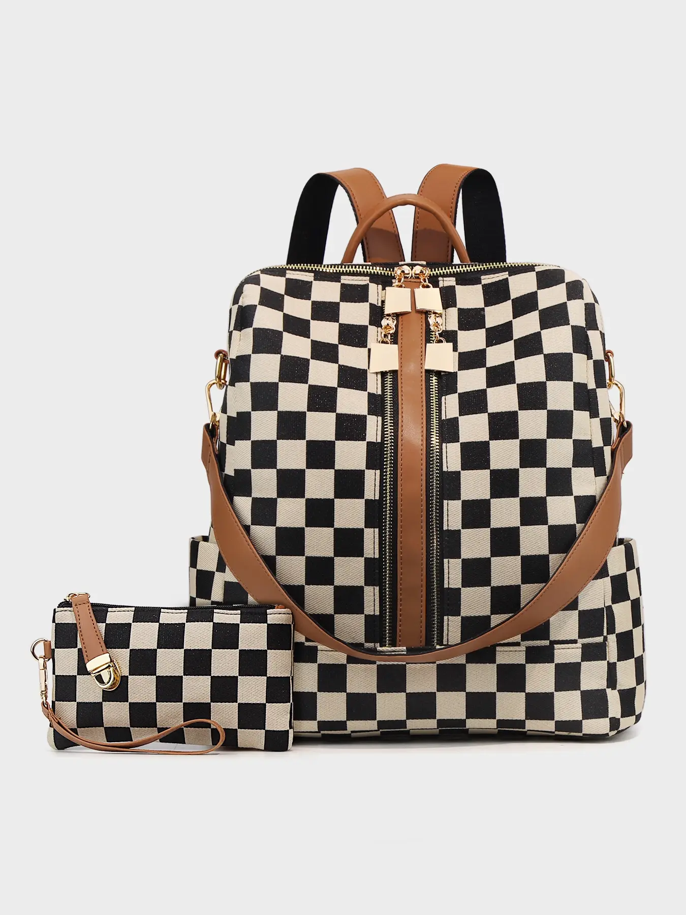 Checkerboard Pattern Checkered Print Backpack Set, Checkered Plaid Backpacks, Women's Vintage Casual Durable Lightweight Large Capacity Zipper Travel Backpack & Wristlet, Multifunctional Bag Set For Daily Use