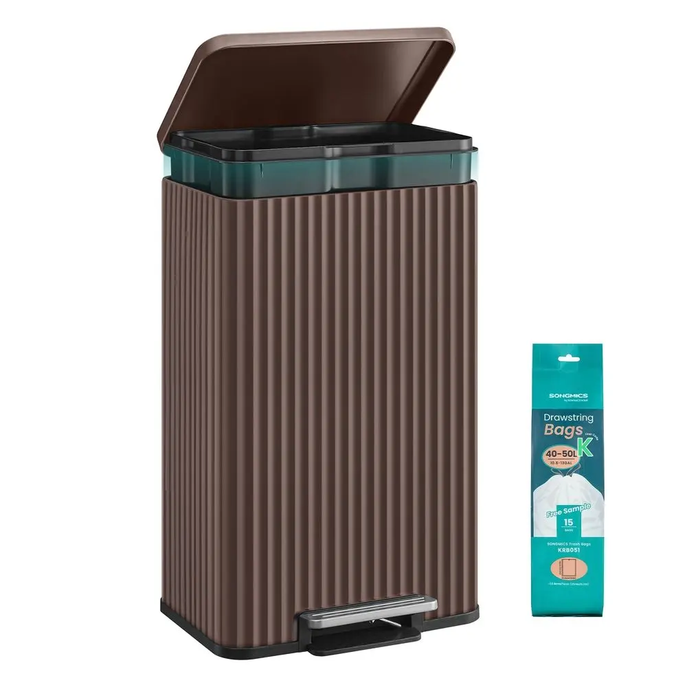 SONGMICS Home Trash Can - 13 gal (50L) Indoor High Capacity Family-Sized Stainless Steel Kitchen Bin with Pedal, Soft-Close Lid, Removable Inner Bucket, 15 Trash Bags (Code Included) for Waste & Recycling, High Capacity Waste & Recycling