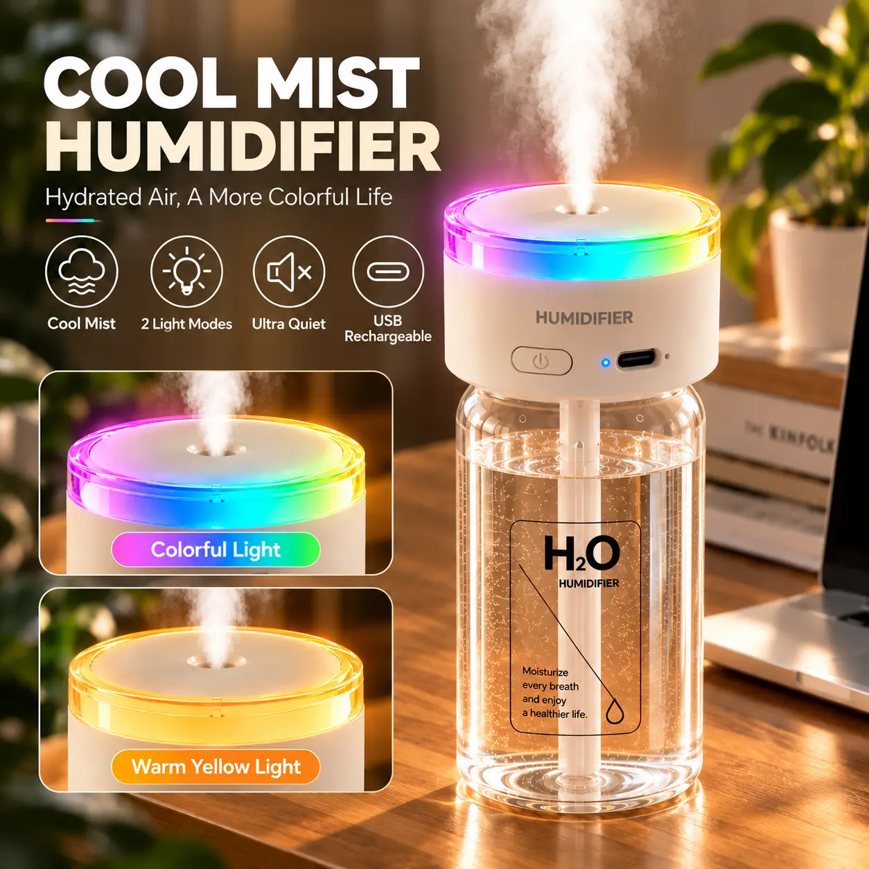Mini Cool Mist Humidifier with 2 Mist Modes & Colorful Night Light, USB Rechargeable Portable Desktop Humidifier for Bedroom, Office, Home & Travel