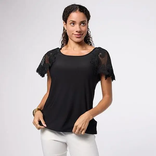 Nina Leonard Round Neck Top with Lace Flutter Sleeve Nina Leonard Round Neck Top with Lace Flutter Sleeve