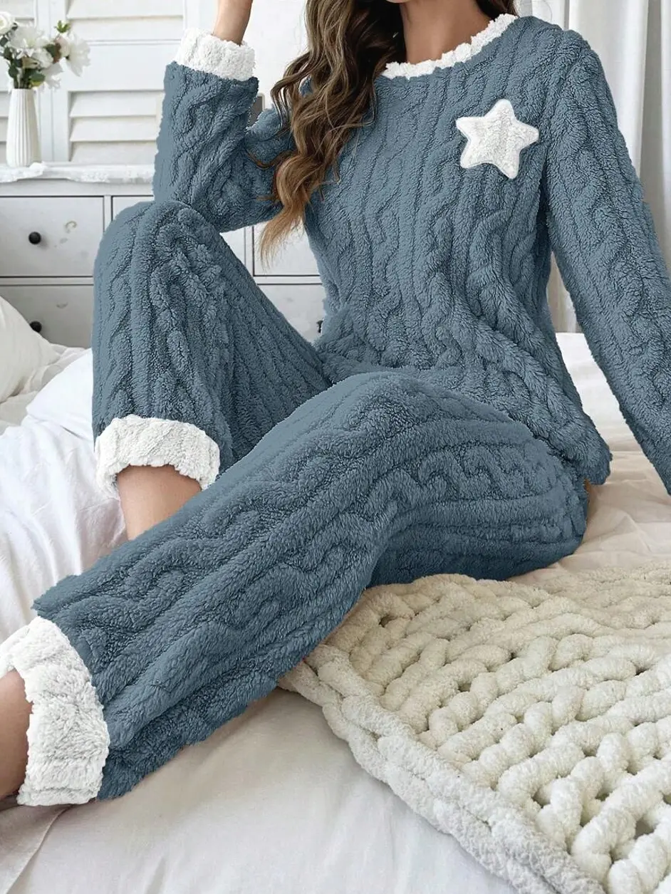 2-Piece Star Embroidered Fluffy Pajama Set in Dusty Blue, 100% Polyester