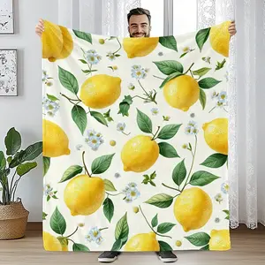 Citrus Theme Flannel Fabric Blanket - Lemon Print, Multi-Size, Plush Finish, Soft Texture, Fresh Summer Floral Leaf Design, Warm Fuzzy, for Bedroom Sofa, Perfect Birthday Housewarming Gift for Lemon Fans Home Decor