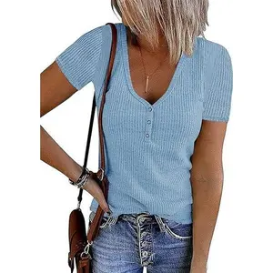 MEROKEETY Women's Summer Short Sleeve V Neck T Shirts Casual Ribbed Button Henley Knit Tops Blouse