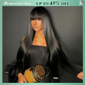 [New Upgrade With Drawstring] CheetahBeauty Glueless Wigs Straight 2×4 Lace Closure Wig Human Hair with Bangs Upgraded Drawstring Loose Body 180% Density Brazilian Virgin Human Hair for Women Natural Black #tiktokshopmemorialday #weeklydeals