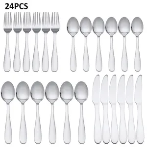 24PCS Stainless Steel Dinnerware Service Set - Service for 6, Smooth Rounded Handle, Mirror Polished Plain Cutlery, Dishwasher Safe Tableware Kit for Home, Party