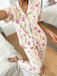 Women's Short Sleeve Long Pants Pajama Set, Watercolor Tulip Print, Soft Breathable Home Wear, Casual Loose Fit, All Seasons, Loungewear, Homewear, Nightwear, Womenswear