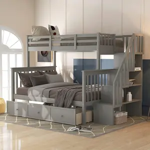 Twin Over Full Bunk Bed with Stairs and Storage Drawers, Hardwood Stairway Bunk Bed Frame for Teens Adults, Bedroom, Dorm
