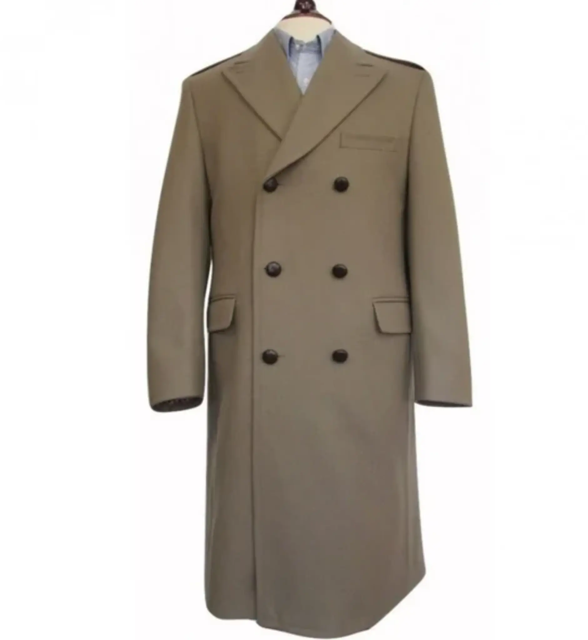 Men's Heavy Wool Military Overcoat British Warm Double-Breasted with Pockets Classic Style Officer's Pink Taupe Color