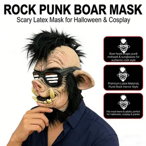 Punk Wild Boar Latex Mask Headset, Realistic Horror Wild Boar Design, Punk Rock Style, with Spike Mohawk Hairstyle and Cool Sunglasses, Vivid Fang Details, Adult and Youth Halloween Role Playing Props, Theme Party Costumes and Accessories