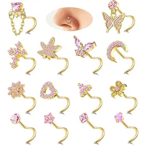 Charm Cute Summer Glow Dainty Nose Piercing Jewelry 20G L-Shaped Corkscrew Studs with Pink CZ Opal, Heart/Star/Butterfly/Moon Charms