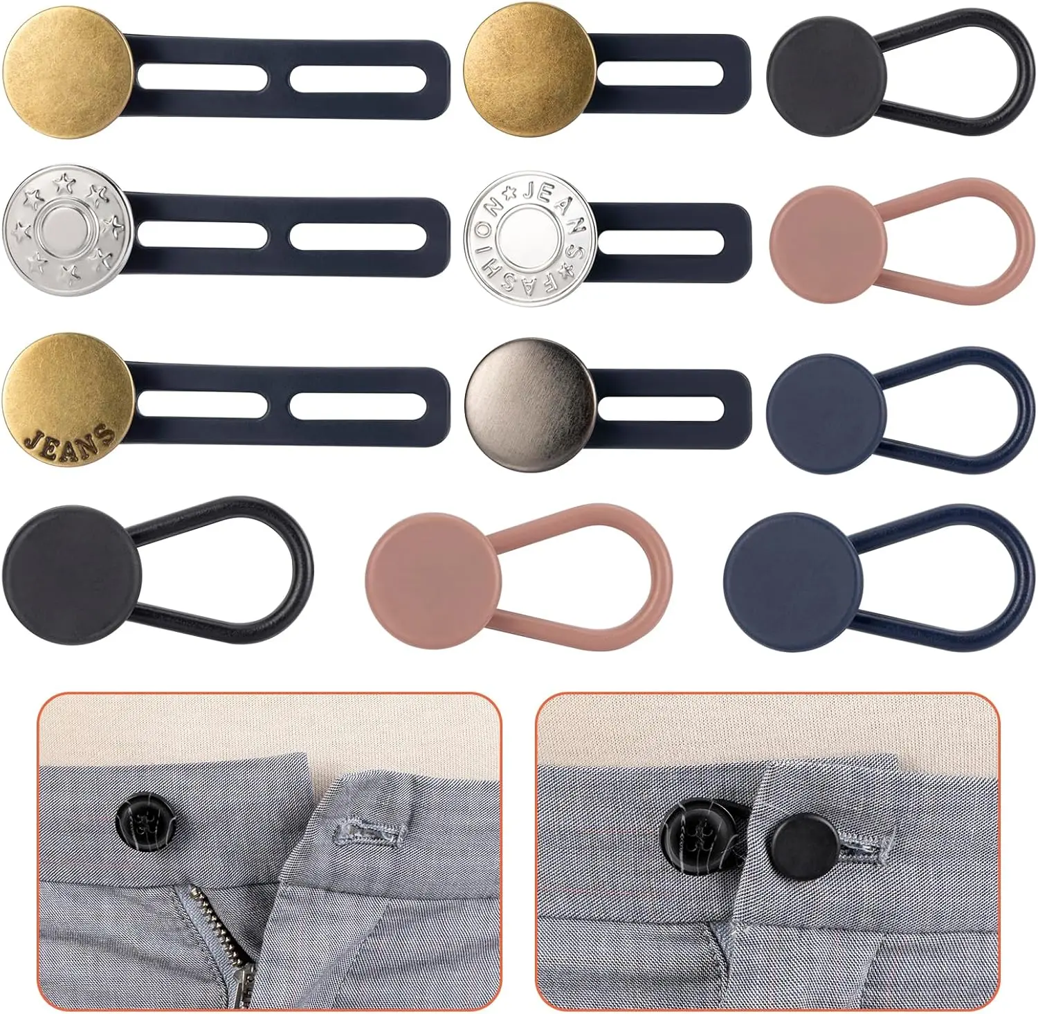 ALGOFAIR  12-Pack of Extenders for Jeans, Pants Waist Button Extender Fantastic Extender for All Trousers and Shirts in 4 Sizes for Men and Women No Sewing Instant Waistband Extension 1-1.8 Inches