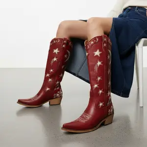 Star and Moon Cut-out with Embroidered Cowboy Boots for Women - Soft Material, Classic Western Style, Sturdy Block Heel, Evening Outfits & Concerts Footwear Walking Shoes Girl Decor #TikTokShopBlackFriday#TikTokShopCyberMonday